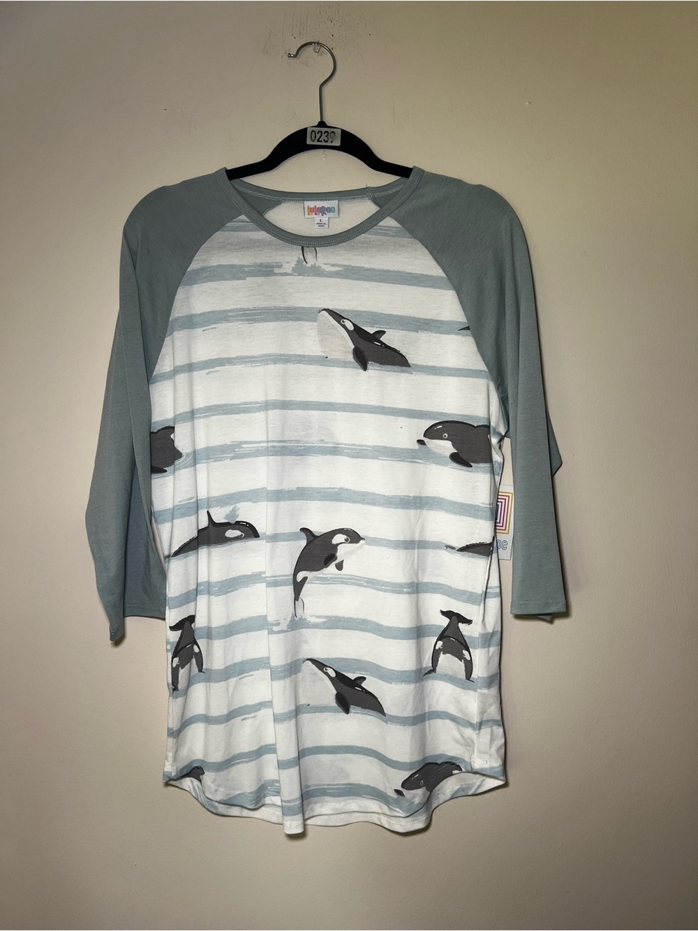 LuLaRoe Randy Raglan Top in Seafoam Green and White with Orca Print